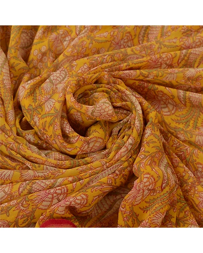 Sanskriti Vintage Yellow Sarees Georgette Printed Indian Sari 5 Yd Craft Fabric, PRG-5359-Yellow-Printed Floral Design-Georgette-12