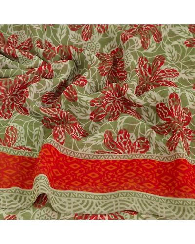 Sanskriti Vintage Green Indian Sari Georgette Printed Sarees Craft 5 Yard Fabric, PRG-5550-Green-Printed Floral Design-Georgette-11