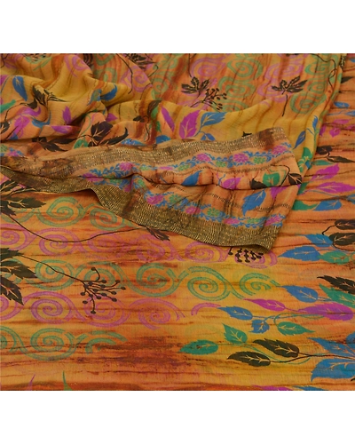 Sanskriti Vintage Saffron Indian Sari Printed Sarees Georgette Craft 5 Yd Fabric, PRG-5567-Saffron-Printed Floral Design-Georgette-8