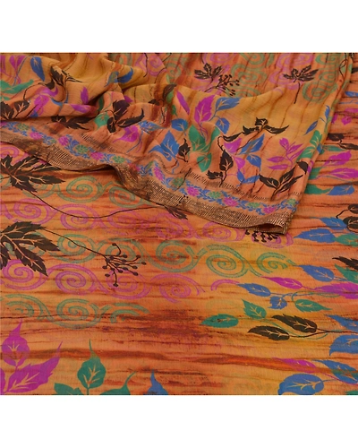 Sanskriti Vintage Saffron Indian Sari Printed Sarees Georgette Craft 5 Yd Fabric, PRG-5567-Saffron-Printed Floral Design-Georgette-9