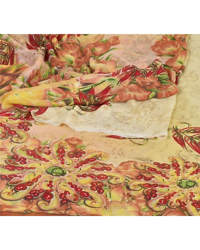 Sanskriti Vintage Cream Digital Printed Sarees Georgette Sari 5 Yd Craft Fabric, PRG-5658-Cream-Printed Floral Design-Georgette-8