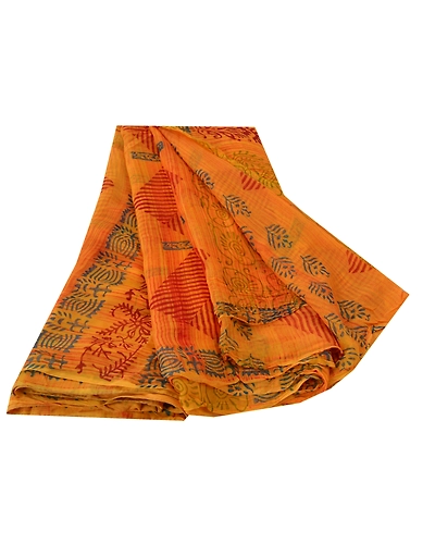 Sanskriti Vintage Yellow Sarees Blend Georgette Printed Sari 5 Yard Craft Fabric, PRG-5665-Yellow-Printed Floral Design-Blend Georgette-13