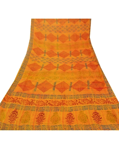 Sanskriti Vintage Yellow Sarees Blend Georgette Printed Sari 5 Yard Craft Fabric, PRG-5665-Yellow-Printed Floral Design-Blend Georgette-14
