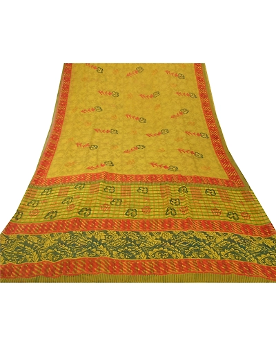Sanskriti Vintage Green Sarees Pure Georgette Silk Printed Fabric Craft Sari, PRG-5706-Green-Printed Floral Design-Pure Georgette Silk-14