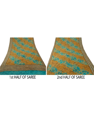 Sanskriti Vintage Green Printed Sarees Pure Georgette Silk Sari 5Yd Craft Fabric, PRG-5709-Green-Printed Floral Design-Pure Georgette Silk-10