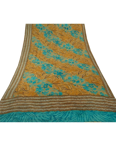 Sanskriti Vintage Green Printed Sarees Pure Georgette Silk Sari 5Yd Craft Fabric, PRG-5709-Green-Printed Floral Design-Pure Georgette Silk-14