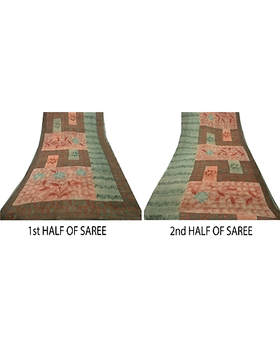 Sanskriti Vintage Green Sarees Blend Georgette Printed Sari 5 Yard Craft Fabric, PRG-5954-Green-Printed Floral Design-Blend Georgette-10