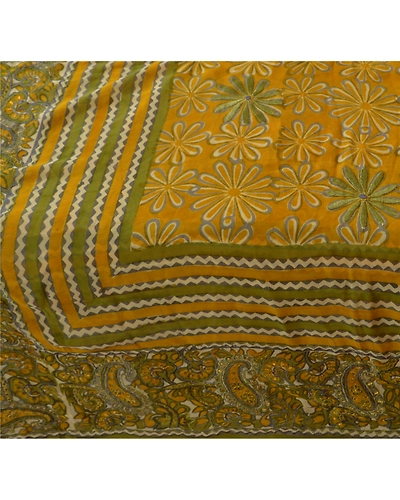 Sanskriti Vintage Pure Georgette Silk Sarees Yellow Printed Sari Craft Fabric, PRG-621-Yellow-Printed Work With Floral Design-Pure Georgette Silk-11