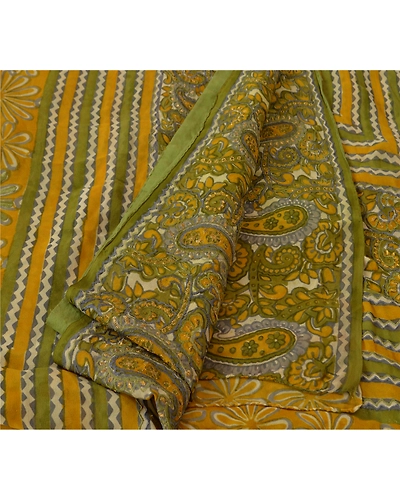 Sanskriti Vintage Pure Georgette Silk Sarees Yellow Printed Sari Craft Fabric, PRG-621-Yellow-Printed Work With Floral Design-Pure Georgette Silk-20