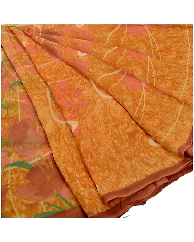 Sanskriti Vintage Yellow Sarees Printed Sari Blend Georgette Sewing 5Yd Fabric, PRG-759-Yellow-Printed Work With Floral &amp; Abstract Design-Blend Georgette-9
