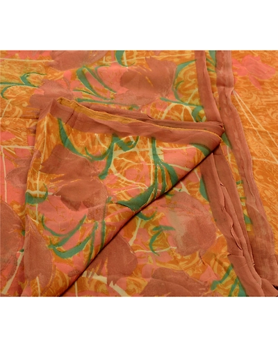 Sanskriti Vintage Yellow Sarees Printed Sari Blend Georgette Sewing 5Yd Fabric, PRG-759-Yellow-Printed Work With Floral &amp; Abstract Design-Blend Georgette-10