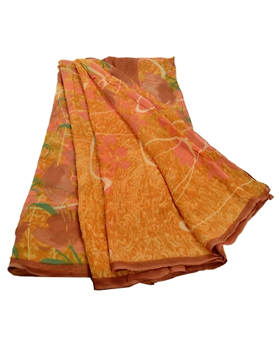 Sanskriti Vintage Yellow Sarees Printed Sari Blend Georgette Sewing 5Yd Fabric, PRG-759-Yellow-Printed Work With Floral &amp; Abstract Design-Blend Georgette-12