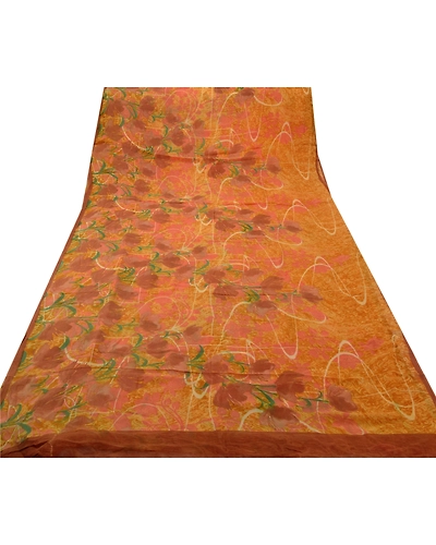 Sanskriti Vintage Yellow Sarees Printed Sari Blend Georgette Sewing 5Yd Fabric, PRG-759-Yellow-Printed Work With Floral &amp; Abstract Design-Blend Georgette-13