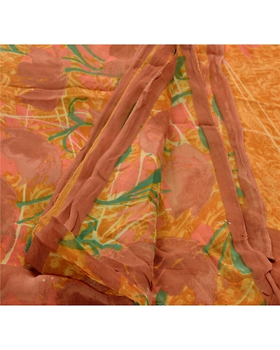 Sanskriti Vintage Yellow Sarees Printed Sari Blend Georgette Sewing 5Yd Fabric, PRG-759-Yellow-Printed Work With Floral &amp; Abstract Design-Blend Georgette-14