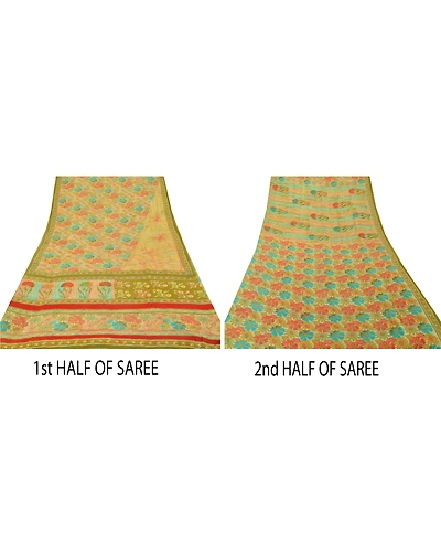 Sanskriti Vintage Cream Sarees Sewing Fabric Pure Georgette Silk Printed Sari, PRG-766-Cream-Printed Work With Floral Design-Pure Georgette Silk-10