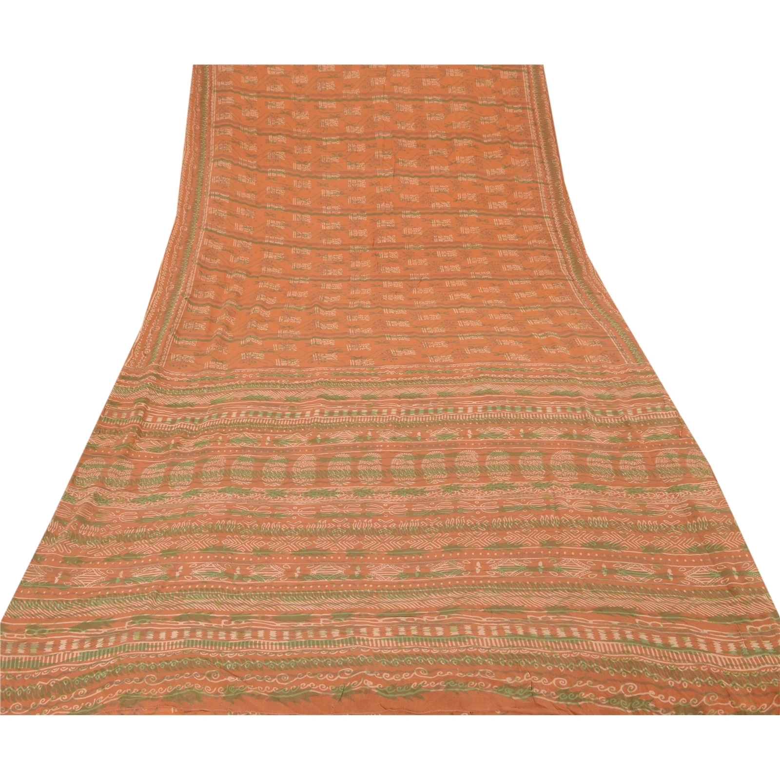 Sanskriti Vintage Orange Sarees Pure Georgette Silk Printed Sari Craft Fabric, PRG-796-Orange-Printed Work With Floral &amp; Paisley Design-Pure Georgette Silk-14