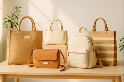 “Selection of eco-friendly Indian handbags in jute, cotton and cork displayed on a wooden table in a