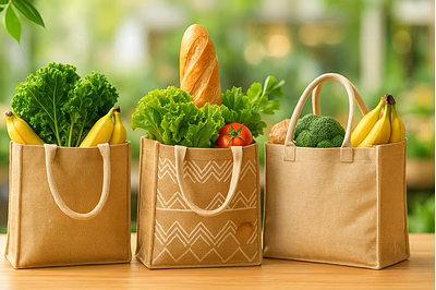Stylish reusable jute shopping bags filled with fresh groceries on a wooden surface in a bright eco-