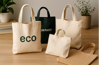 Eco-friendly natural and dyed cotton shopping bags arranged on a light background, showcasing reusab