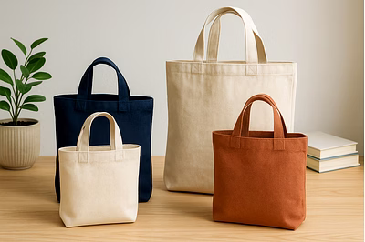 Canvas shopping bags displayed in a minimal lifestyle setting, showcasing reusable, durable and cust