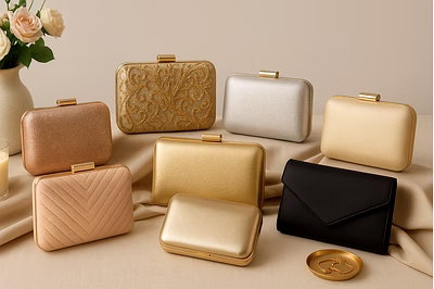 Elegant clutch purses in assorted designs and colors displayed in a premium lifestyle setting for gl