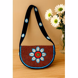 brown handcrafted beaded and shell crossbody bag cotton sling bag with zipper and magnetic snap for wholesale bulk export