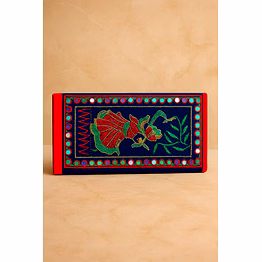 blue velvet clutch purse with mirror work fold-over design and zipper compartments for wholesale bulk export