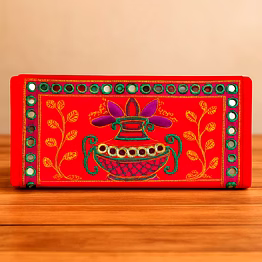 red velvet clutch purse with mirror work fold-over design and zipper compartments for wholesale bulk export