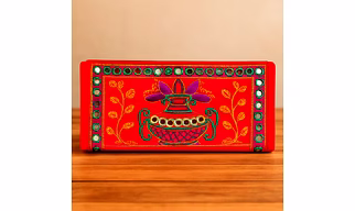 Red Velvet Clutch Purse With Mirror Work Fold-Over Design and Zipper Compartments for Wholesale Bulk Export