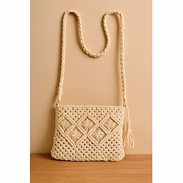 off white macramé crochet crossbody bag handmade cotton purse with zipper for wholesale export supply