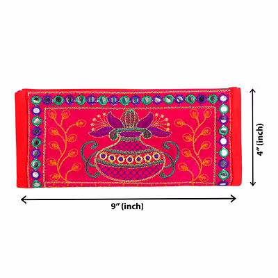 Red Velvet Clutch Purse With Mirror Work Fold-Over Design and Zipper Compartments for Wholesale Bulk Export-1