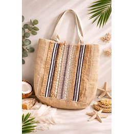 ecochic jute tote bag with fringe & beaded stripes – sustainable handcrafted shoulder shopper