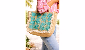 Eco-Friendly Sustainable Blue Floral Embroidered Jute Shoulder Tote For Wholesale Export Supply
