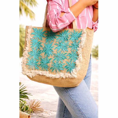 Eco-Friendly Sustainable Blue Floral Embroidered Jute Shoulder Tote For Wholesale Export Supply-JTB4