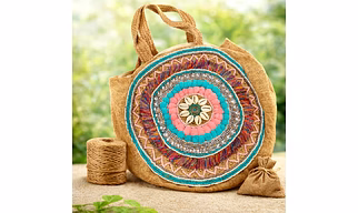 Sustainable Circular Natural Jute Tote Bag with Beadwork & Cowrie Shell Floral Design - International Wholesale Export