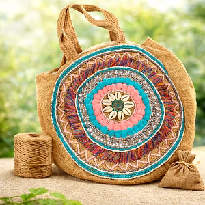 Sustainable Circular Natural Jute Tote Bag with Beadwork & Cowrie Shell Floral Design - International Wholesale Export