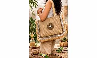 Sustainable Natural Jute Beaded Tote Bag with Mirror Embellishment, Coin Border & Fringe Trim For Export Supply