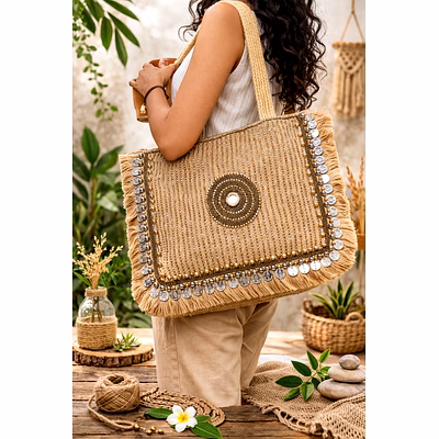 Sustainable Natural Jute Beaded Tote Bag with Mirror Embellishment, Coin Border &amp; Fringe Trim For Export Supply-JTB7
