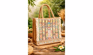 Sustainable Natural Jute Tote Bag with Multicolor Mirror Embroidery, Beaded Detailing & Fringe Trim – Eco-Friendly Artisan Shoulder Handbag for Wholesale Export