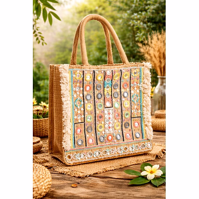 Sustainable Natural Jute Tote Bag with Multicolor Mirror Embroidery, Beaded Detailing &amp; Fringe Trim – Eco-Friendly Artisan Shoulder Handbag for Wholesale Export-JTB9