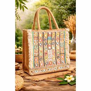 Sustainable Natural Jute Tote Bag with Multicolor Mirror Embroidery, Beaded Detailing & Fringe Trim – Eco-Friendly Artisan Shoulder Handbag for Wholesale Export