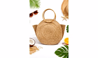 Sustainable Round Woven Straw Beach Bag with Circular Wooden Handles - Summer Vacation Tote with Tropical Flat Lay Styling for Wholesale Export Supply