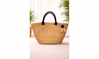 Natural Jute Woven Tote Bag with Black Handles & Blue Tassel Accent – Eco-Friendly Handcrafted Shopping Handbag for Wholesale Export Supply