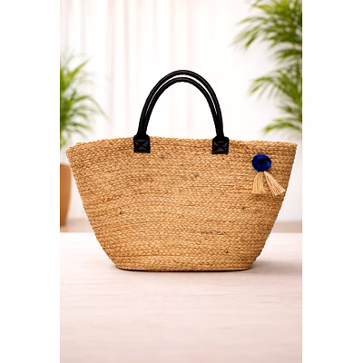 Natural Jute Woven Tote Bag with Black Handles &amp; Blue Tassel Accent – Eco-Friendly Handcrafted Shopping Handbag for Wholesale Export Supply-WHB3