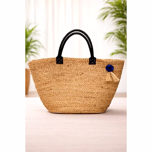 Natural Jute Woven Tote Bag with Black Handles & Blue Tassel Accent – Eco-Friendly Handcrafted Shopping Handbag for Wholesale Export Supply