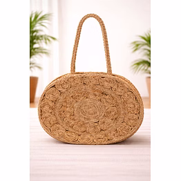 handcrafted oval jute rosette women handbag with braided handle – eco-friendly natural fiber fashion tote for wholesale export supply