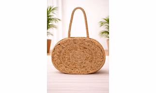 Handcrafted Oval Jute Rosette Women Handbag with Braided Handle – Eco-Friendly Natural Fiber Fashion Tote for Wholesale Export Supply