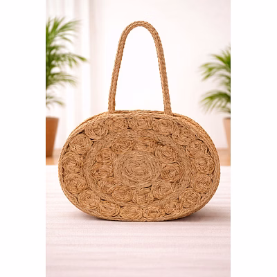 Handcrafted Oval Jute Rosette Women Handbag with Braided Handle – Eco-Friendly Natural Fiber Fashion Tote for Wholesale Export Supply-WHB6