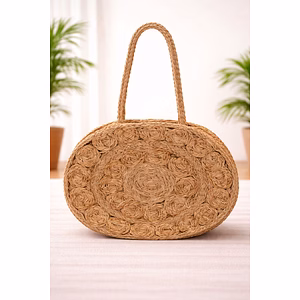 Handcrafted Oval Jute Rosette Women Handbag with Braided Handle – Eco-Friendly Natural Fiber Fashion Tote for Wholesale Export Supply