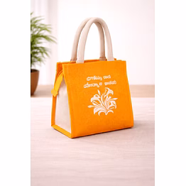 printed natural orange jute gift bag with cotton handles – eco-friendly compact jute gift bag for wholesale export supply